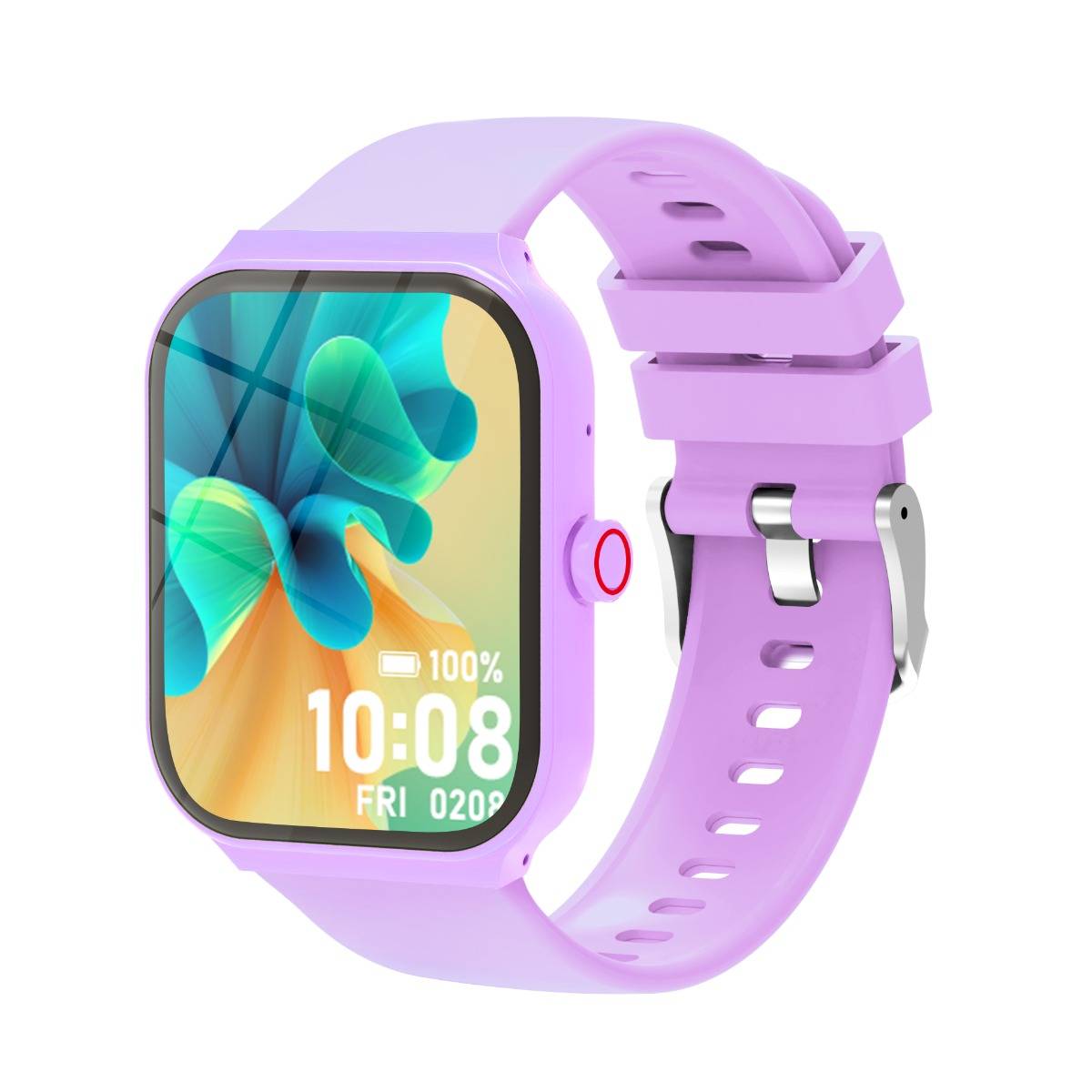 Violette quadratische Smartwatch mit lilafarbenem Armband, das ein buntes Display anzeigt, Akku bei 100% und Uhrzeit 10:08, Fri 0208.