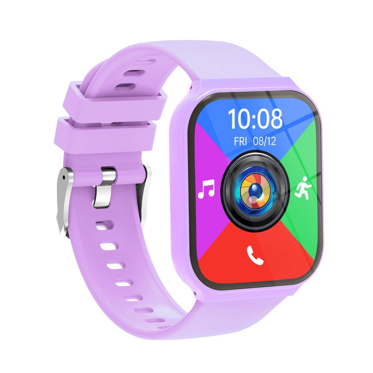 Violette Smartwatch mit farbigem Display, das 10:08, FRI 08/12 und App-Symbole für Musik, Fitness und Telefon anzeigt.