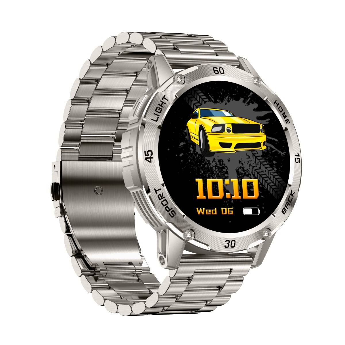 Silberne Smartwatch mit Metallband, die ein benutzerdefiniertes Zifferblatt mit einem gelben Sportwagen, der digitalen Uhrzeit „10:10