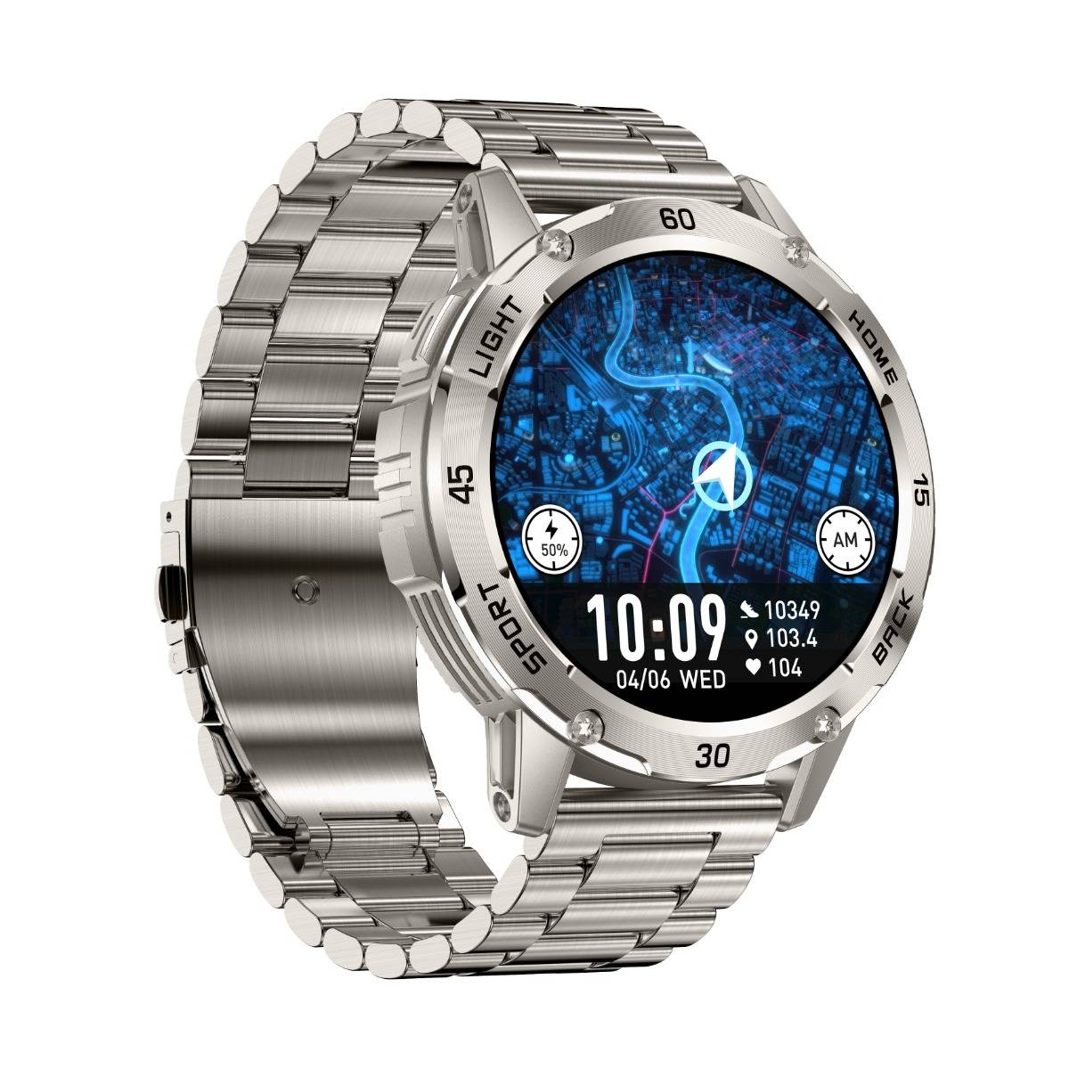 Silberne Smartwatch mit Metallarmband, die ein blaues kartenähnliches digitales Zifferblatt mit der Zeit 10:09, dem Datum 04/06 MI und Fitness-Symbolen anzeigt.