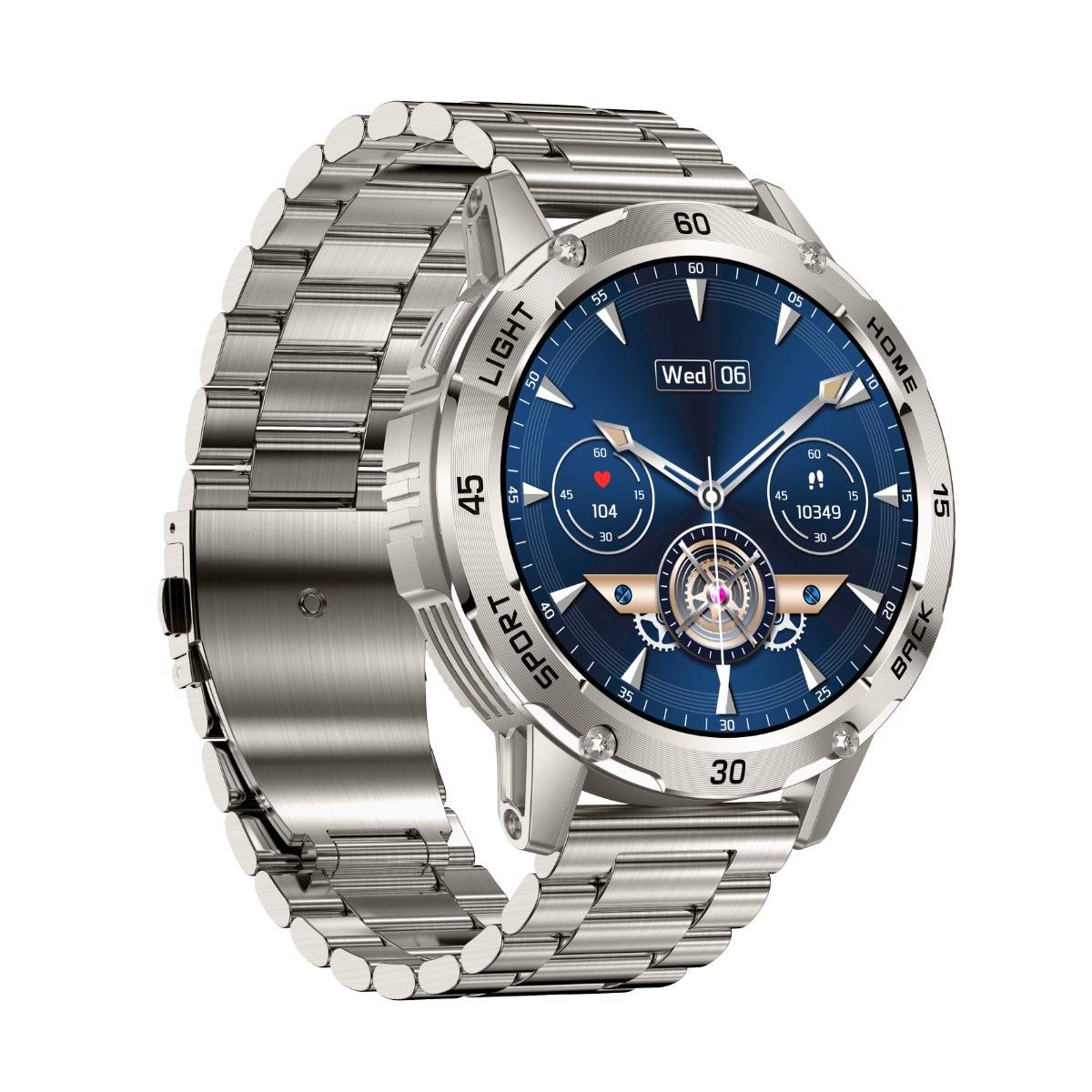 Silberne Metallarmbanduhr mit blauem analogem Zifferblatt, Datumsanzeige, Unteruhren und sichtbaren Wortbeschriftungen um die Lünette herum