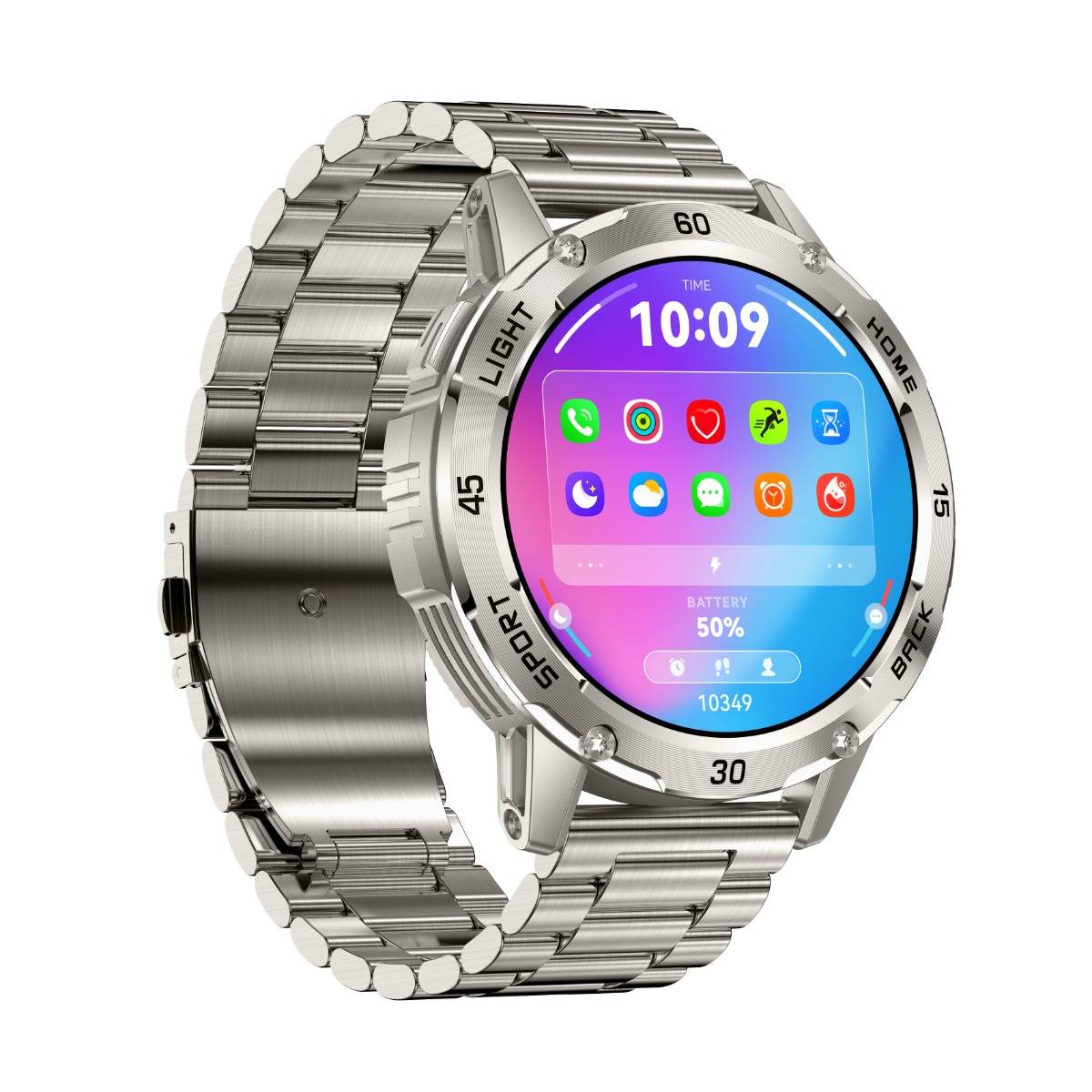 Silberne Metall-Smartwatch mit rundem Touchscreen, der App-Symbole, die Uhrzeit 10:09 und 50% Akkuladestand anzeigt.