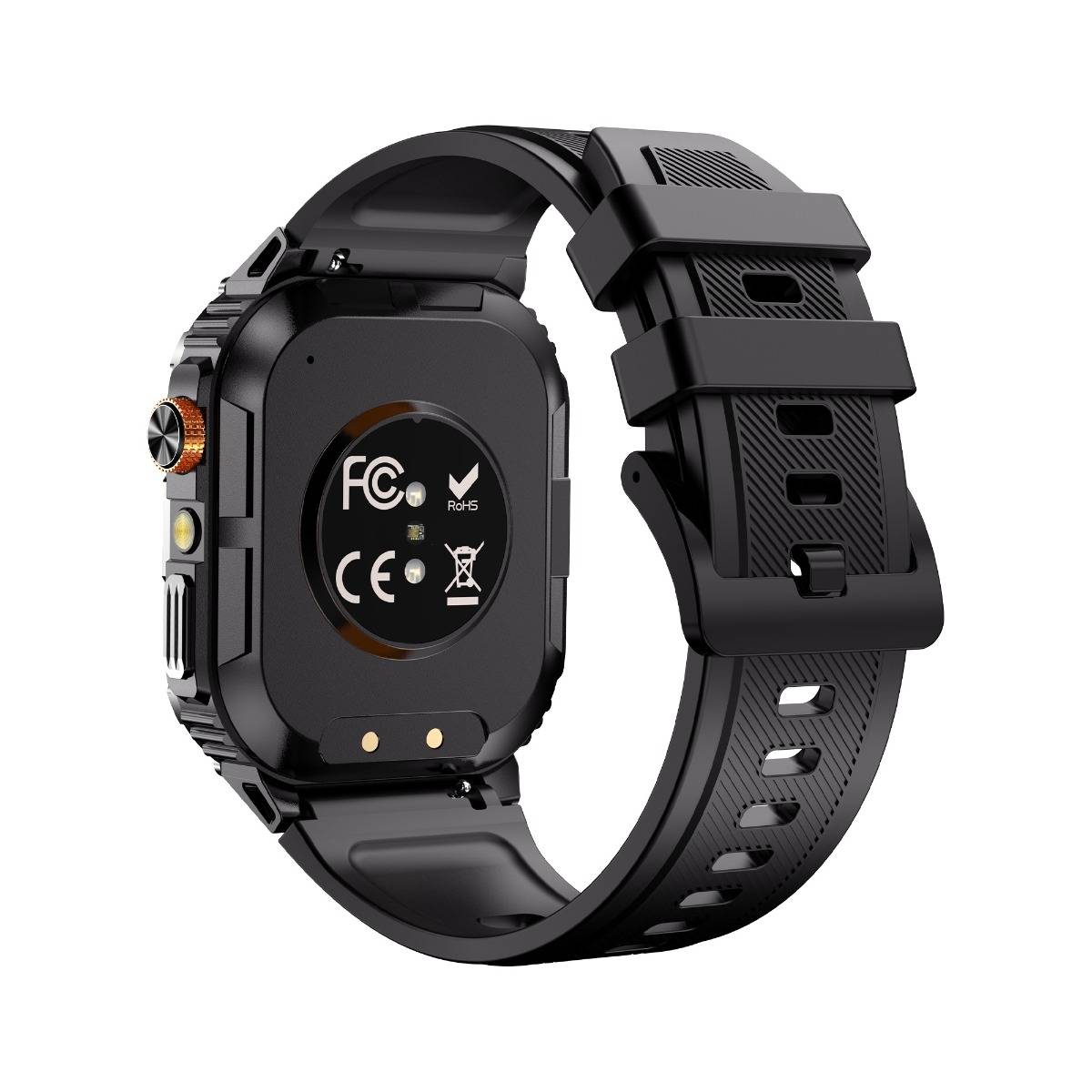 Schwarze rechteckige Smartwatch von hinten gezeigt, mit strukturiertem verstellbarem Armband und sichtbaren Zertifizierungsmarkierungen auf der Unterseite.