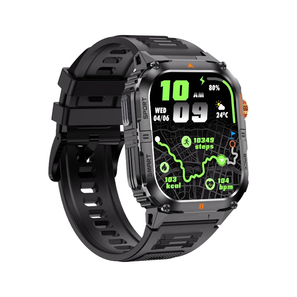 Schwarze rechteckige Smartwatch mit Silikonarmband zeigt Fitness-Metriken an, Uhrzeit 10:09 AM, Datum Mi. 06.04., 80% Akku, 24°C, 10.349 Schritte, 103 kcal und 104 Bpm.
