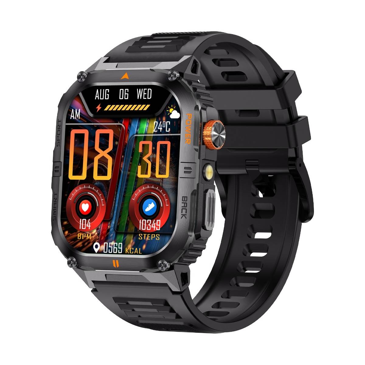 Schwarze robuste Smartwatch mit rechteckigem Display, das 08:30, Datum AUG 06 WED, Wetter, Herzfrequenz, Schritte und Kalorien auf einem schwarzen Armband anzeigt.