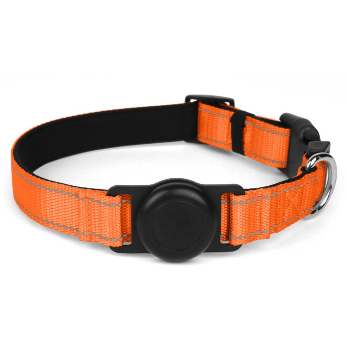 Oranges verstellbares Haustierhalsband mit schwarzem kreisförmigem Anhängerbehälter und Metall-D-Ring auf weißem Hintergrund.