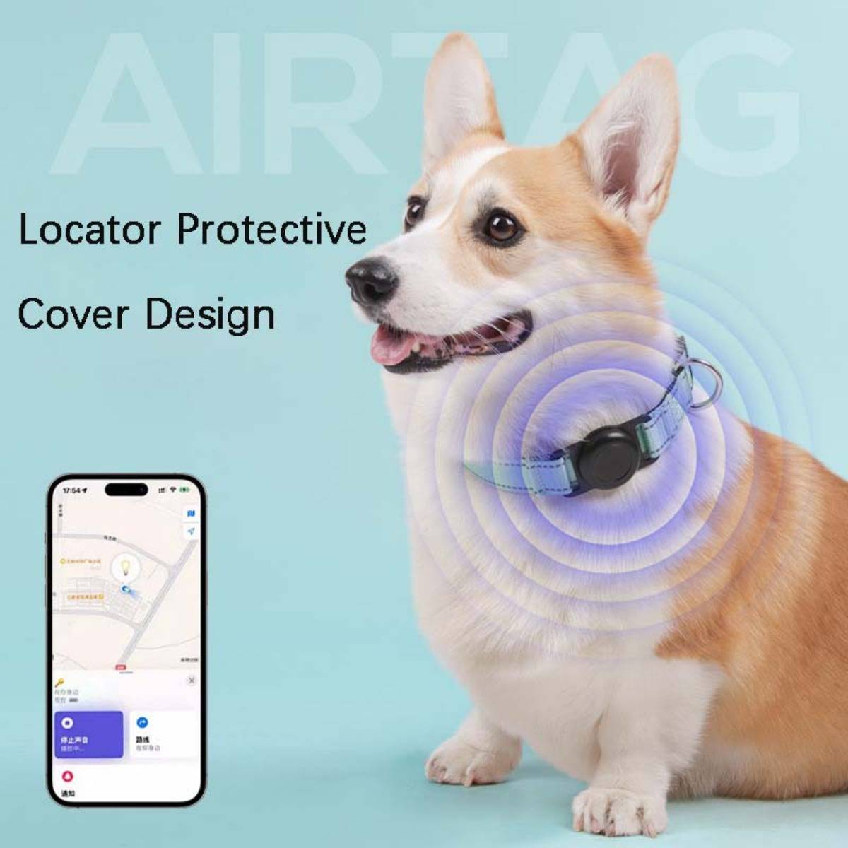 Corgi mit Tracker-Halsband und konzentrische Signalringe neben einer Telefon-Kartenapp, wirbt für ein 'Schutzgehäuse-Design für Locator'.