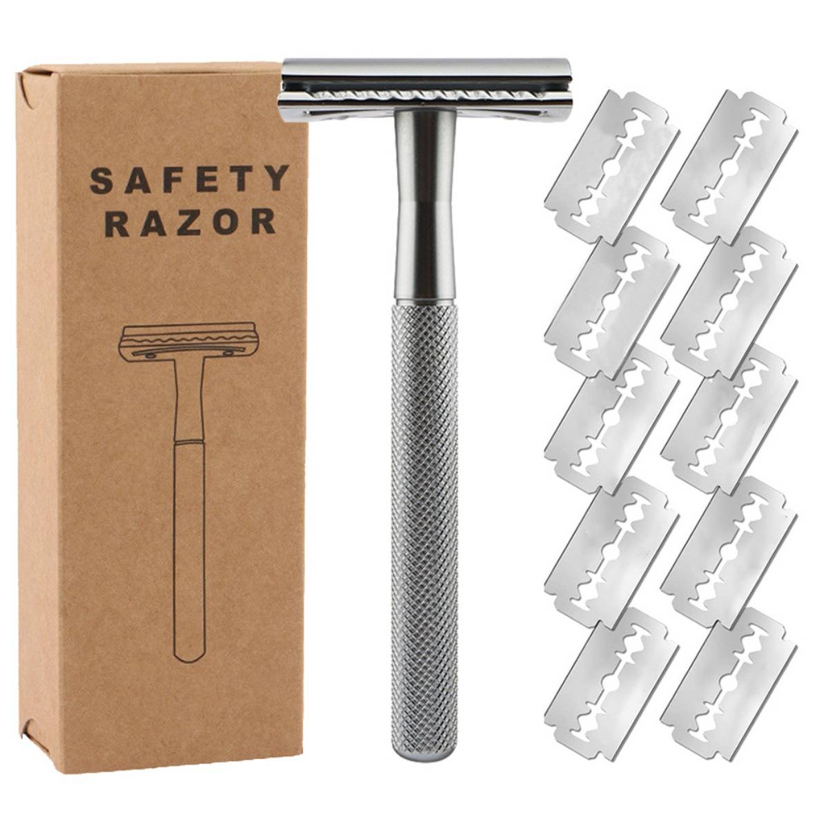 # Sicherheitsrasierer-Set mit Metallrasierer, Kartonbox mit der Aufschrift 