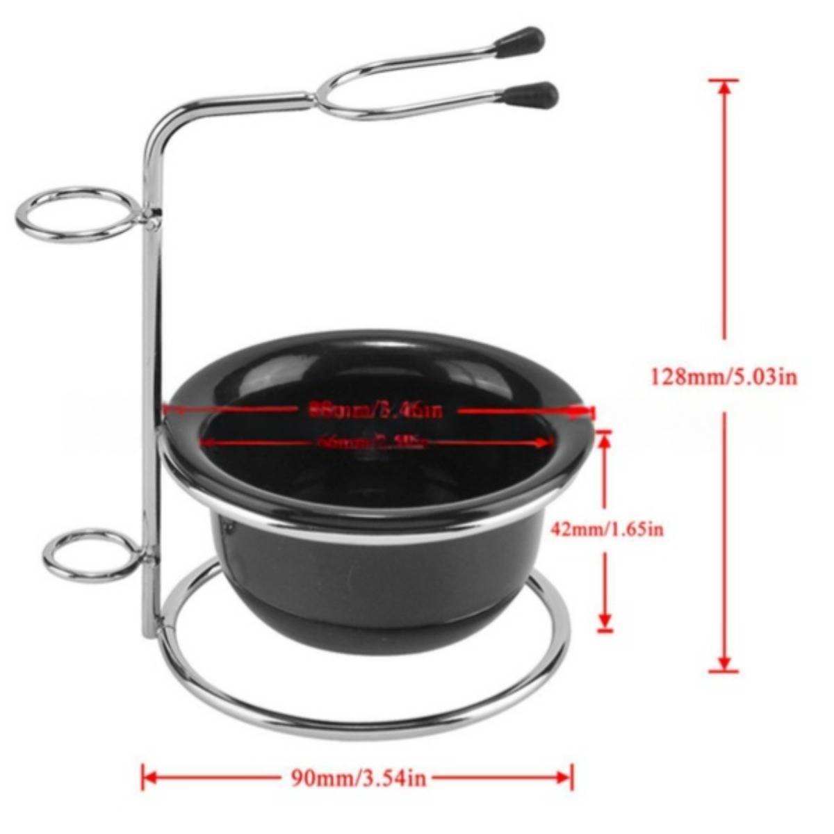 Chrome-Ständer mit einer schwarzen Schüssel oder Tasse, mit roten Messpfeilen, die Abmessungen zeigen: 128 mm hoch, 90 mm breit, 42 mm tief.