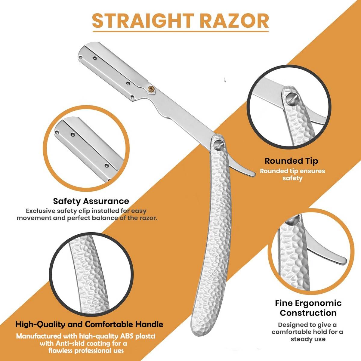 Infografik eines Rasiermessers mit Hervorhebung von Sicherheitsklipp, abgerundeter Spitze und strukturiertem ergonomischem Griff für sicheren, komfortablen Gebrauch.