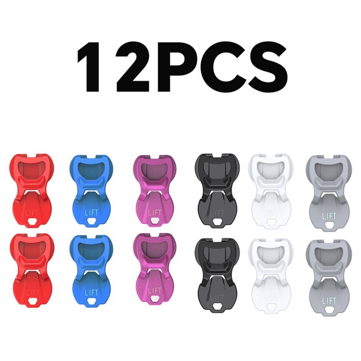 Satz von 12 Kletterseilschützern oder Seilhebern in Rot, Blau, Lila, Schwarz, Weiß und Grau, beschriftet mit „12PCS