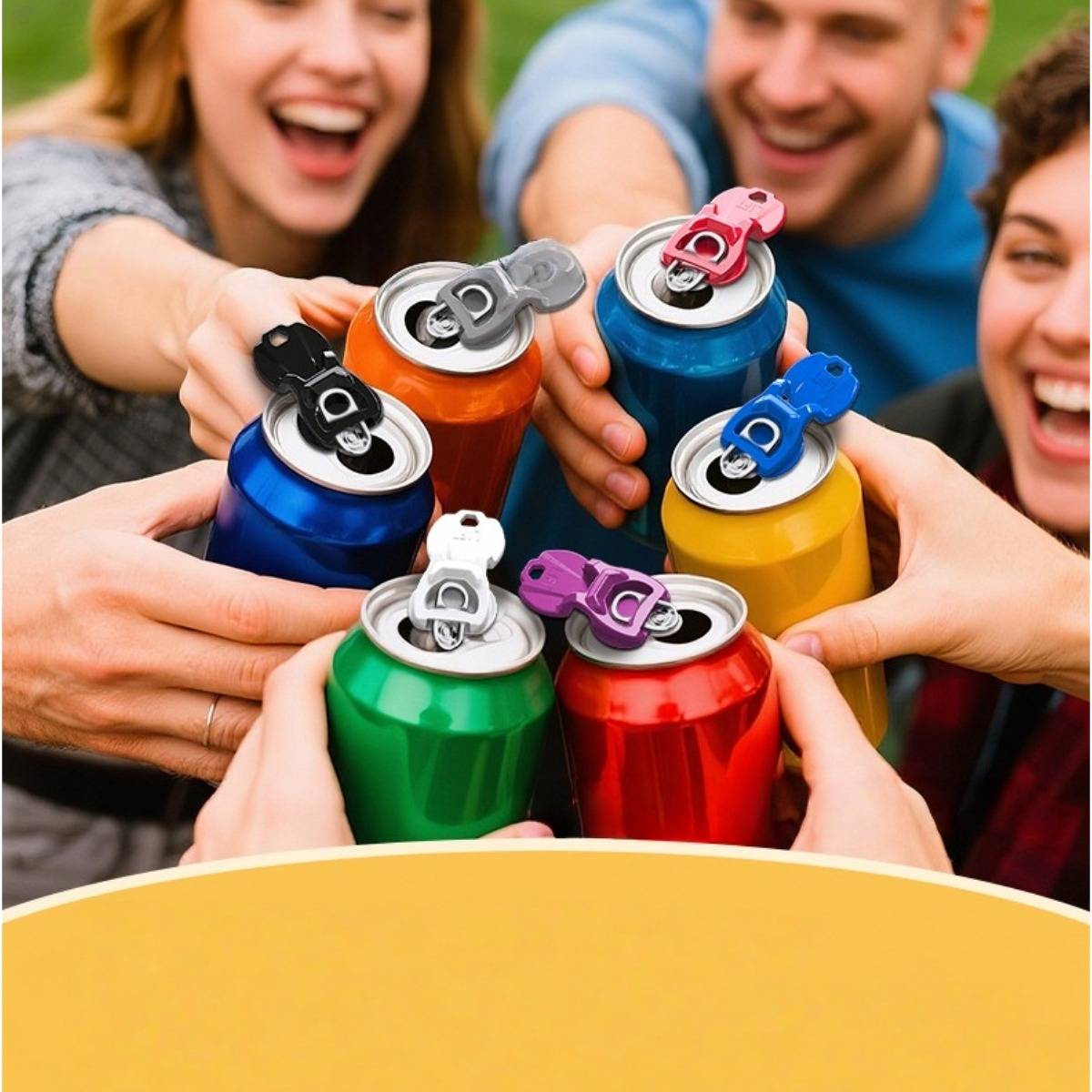 Gruppe von lächelnden Menschen stoßen bunte Limonadendosen zusammen in einem festlichen Toast im Freien an.