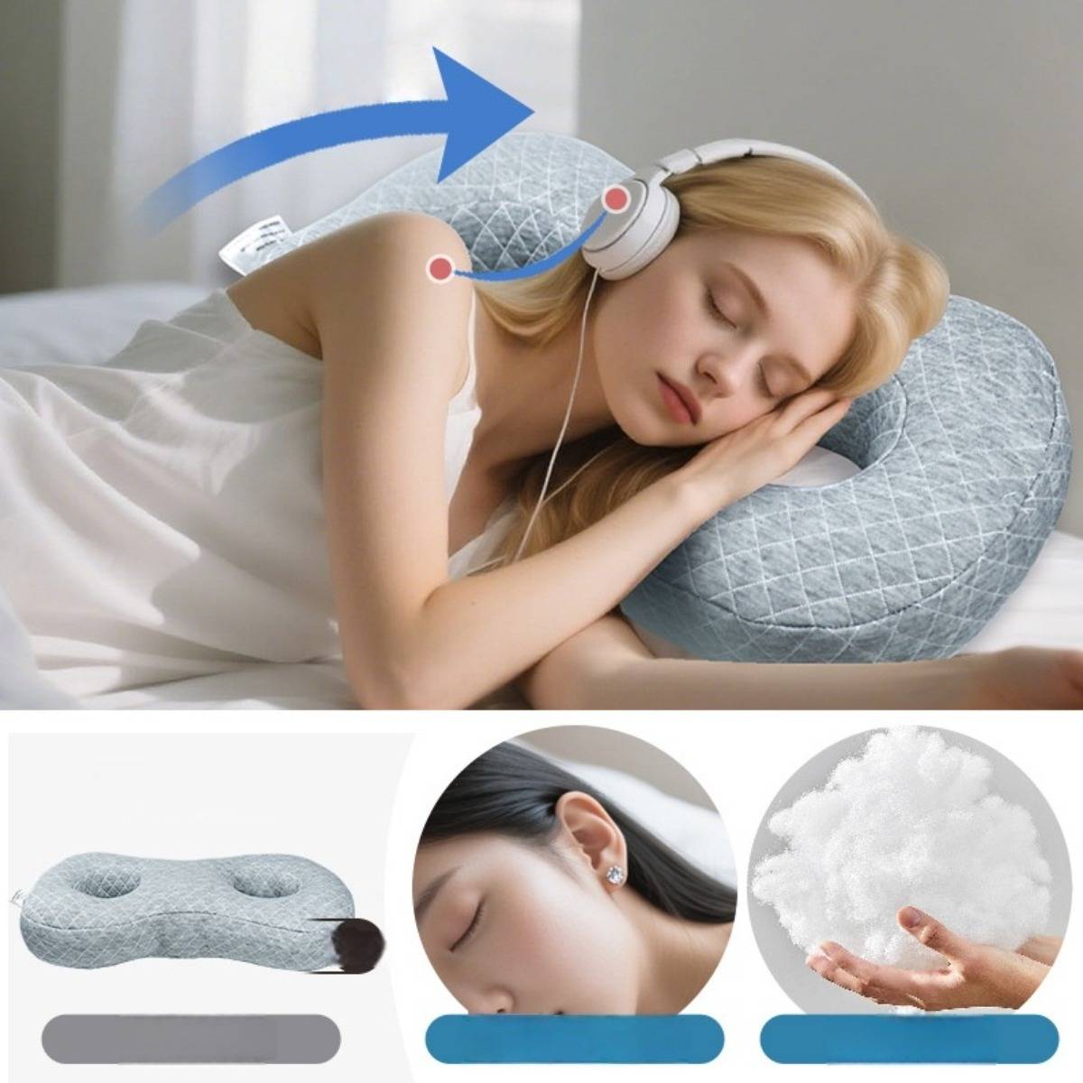 Frau schläft auf einem ergonomischen Nackenkissen mit Kopfhörern; eingefügte Produktansichten zeigen das Kissen, die Seitenschlaf-Unterstützung und ein weiches Füllmaterial.