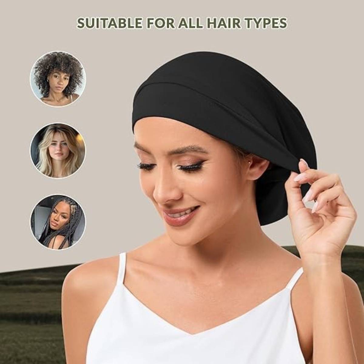 Promotionsbild einer Frau mit schwarzem Kopftuch, mit dem Text „GEEIGNET FÜR ALLE HAARTYPEN