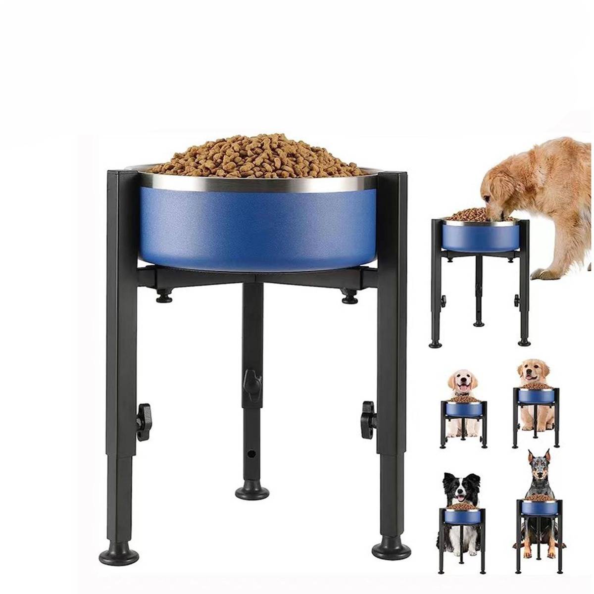 Verstellbarer erhöhter Futternapf für Haustiere mit blauer Schüssel und schwarzem Metallständer, dargestellt in verschiedenen Größen für Hunde und eine Katze.