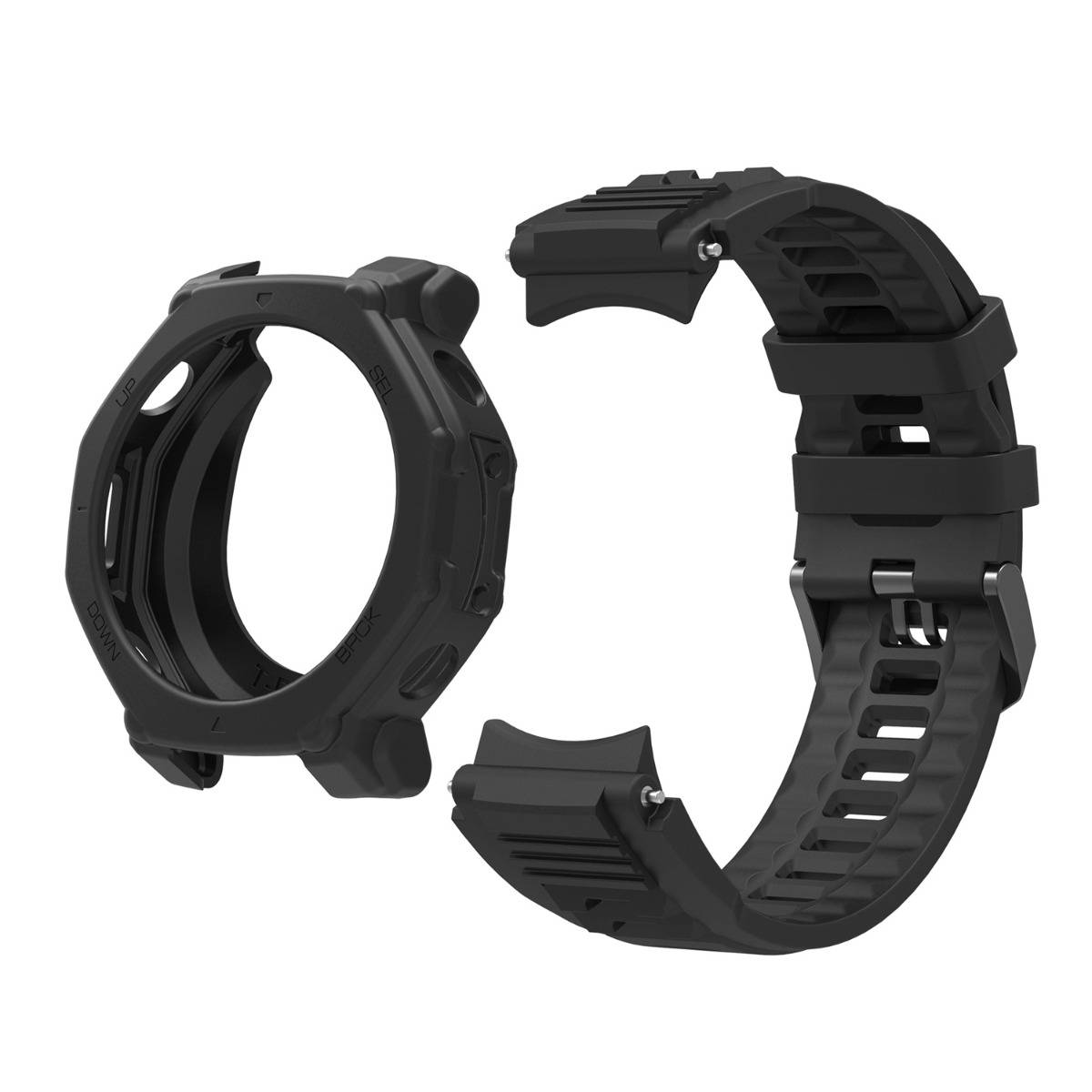 Schwarzes Smartwatch-Gehäuse und Silikon-/Gummiarmband, getrennt auf weißem Hintergrund dargestellt.