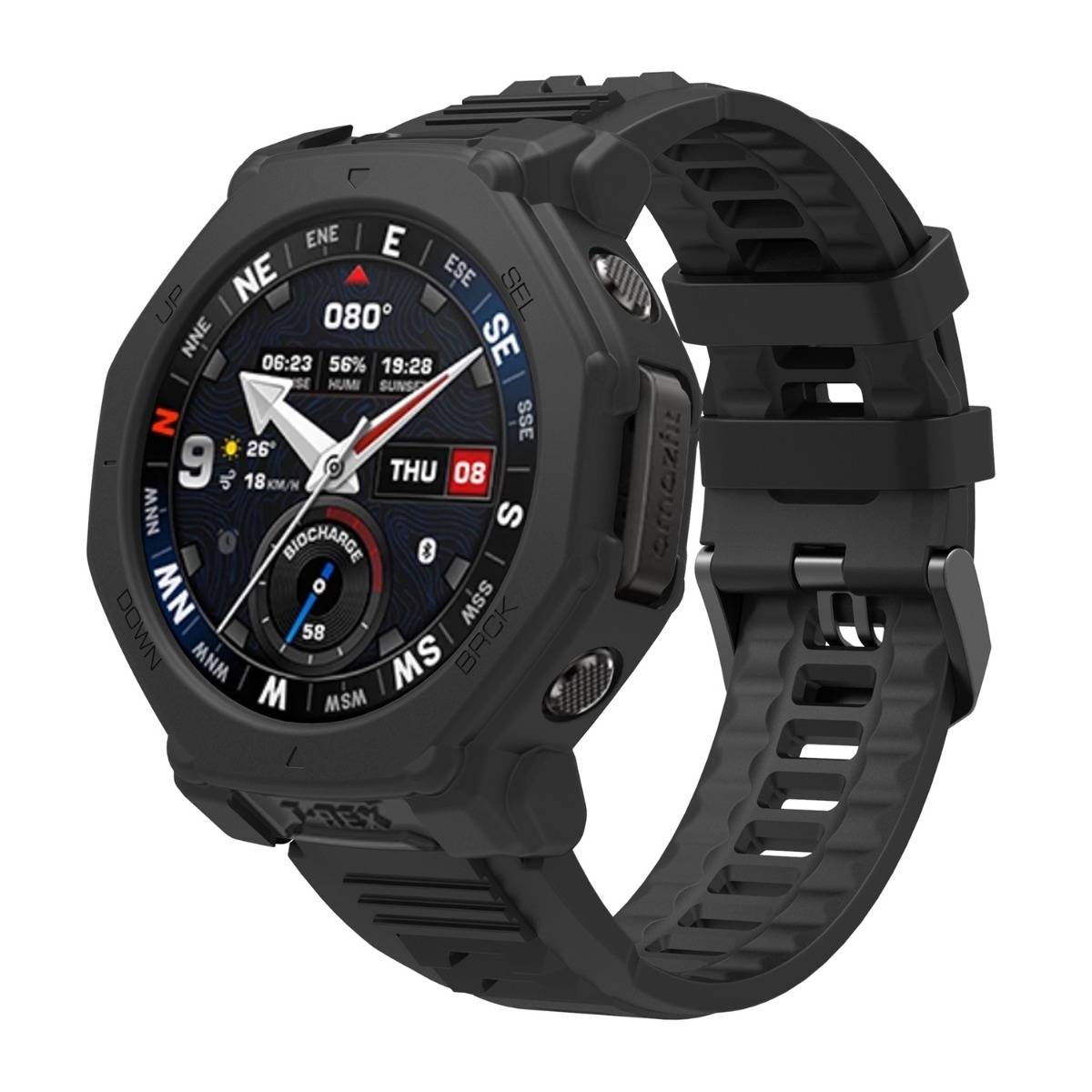 Schwarze robuste digitale Smartwatch mit rundem Zifferblatt, kompassähnlicher Lünette, mehreren Datendisplays und schwarzem Silikonarmband auf weißem Hintergrund.