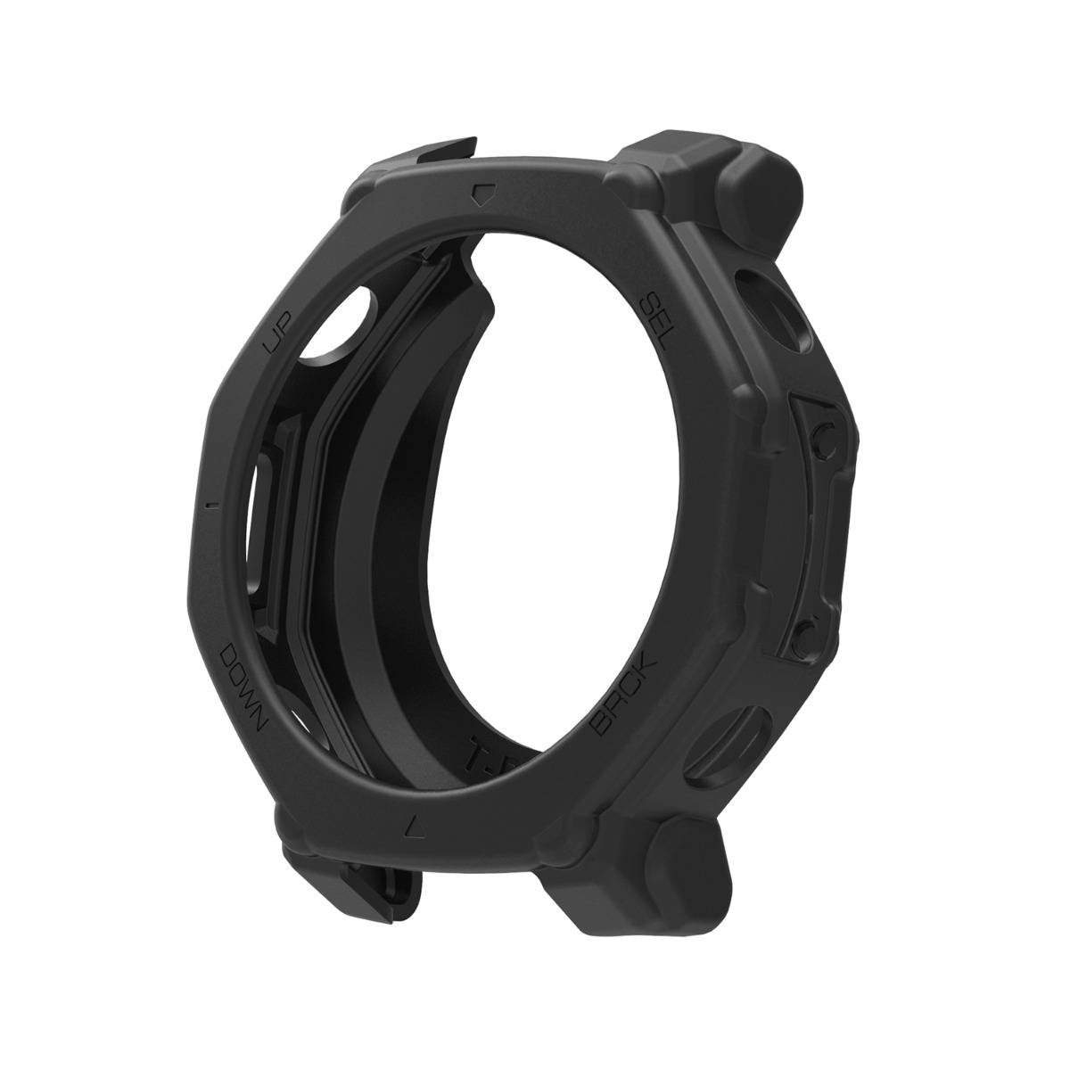Schwarze robuste kreisförmige Kameraobjektivfassung oder Adapterring auf weißem Hintergrund, in angewinkelter Produktansicht dargestellt.