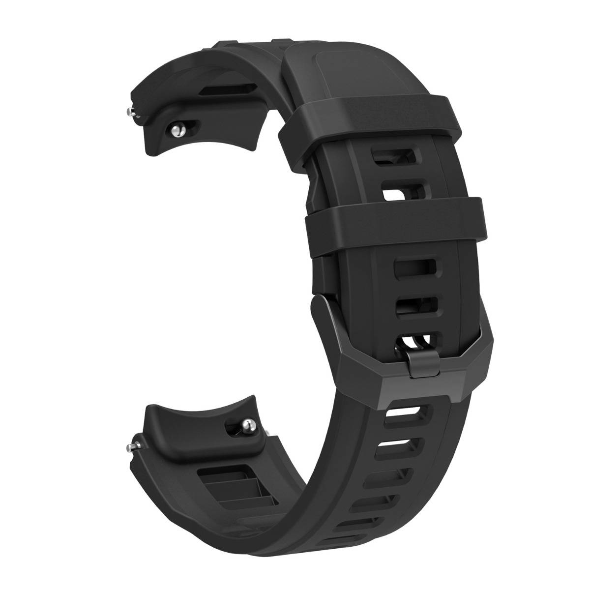Schwarzes Silikon-Uhrenarmband mit robustem, segmentiertem Design und Metallschließe auf weißem Hintergrund.