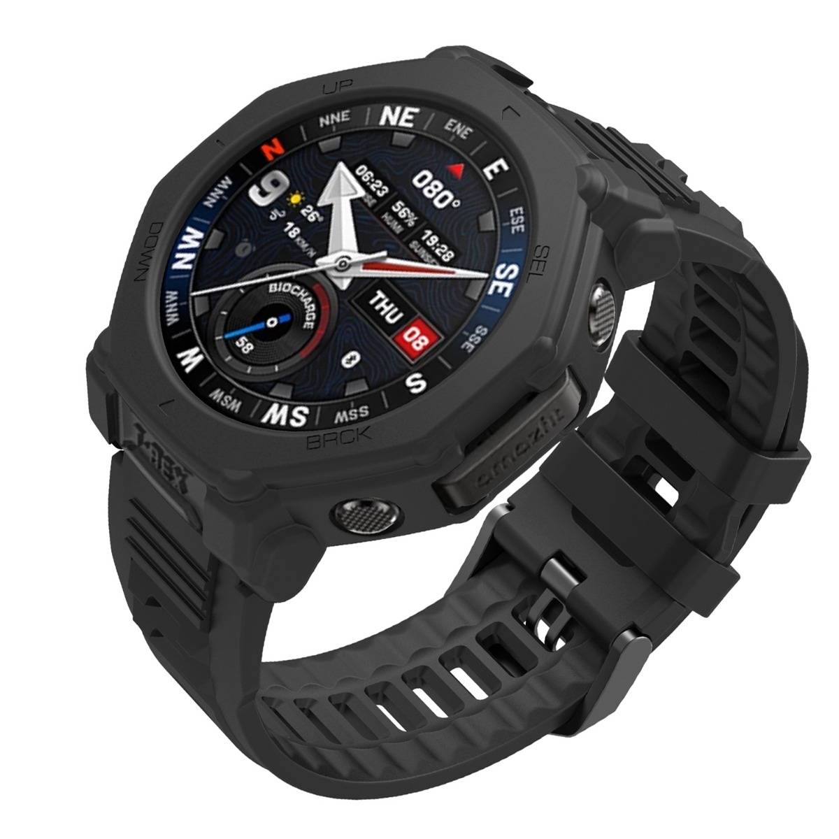 Robuste schwarze digitale Sportuhr mit rundem Zifferblatt, kompassartiger Lünette und schwarzem Kunststoffarmband, dargestellt auf weißem Hintergrund.