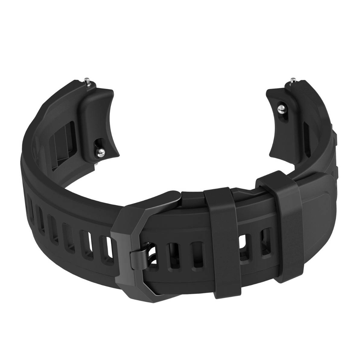 Schwarzes Silikon-Uhrenarmband mit Dornlöchern und Metallstiften, isoliert auf weißem Hintergrund dargestellt.