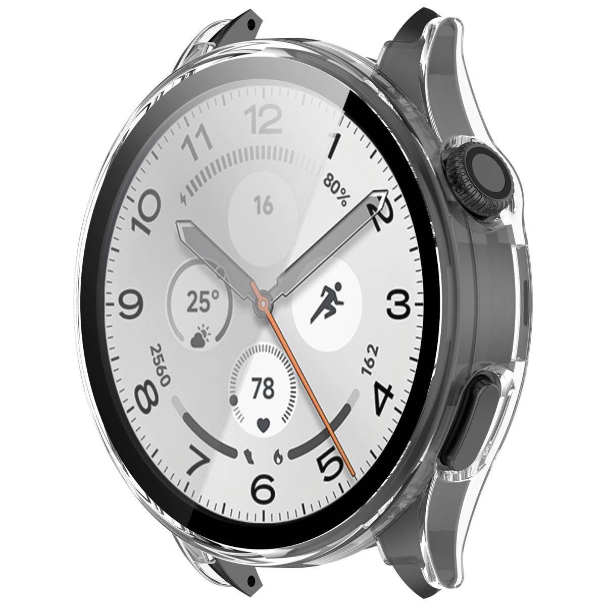 Silberne runde Smartwatch mit analogem Zifferblatt, das die Uhrzeit, das Datum, das Wetter, die Herzfrequenz und Aktivitätssymbole auf weißem Hintergrund anzeigt.