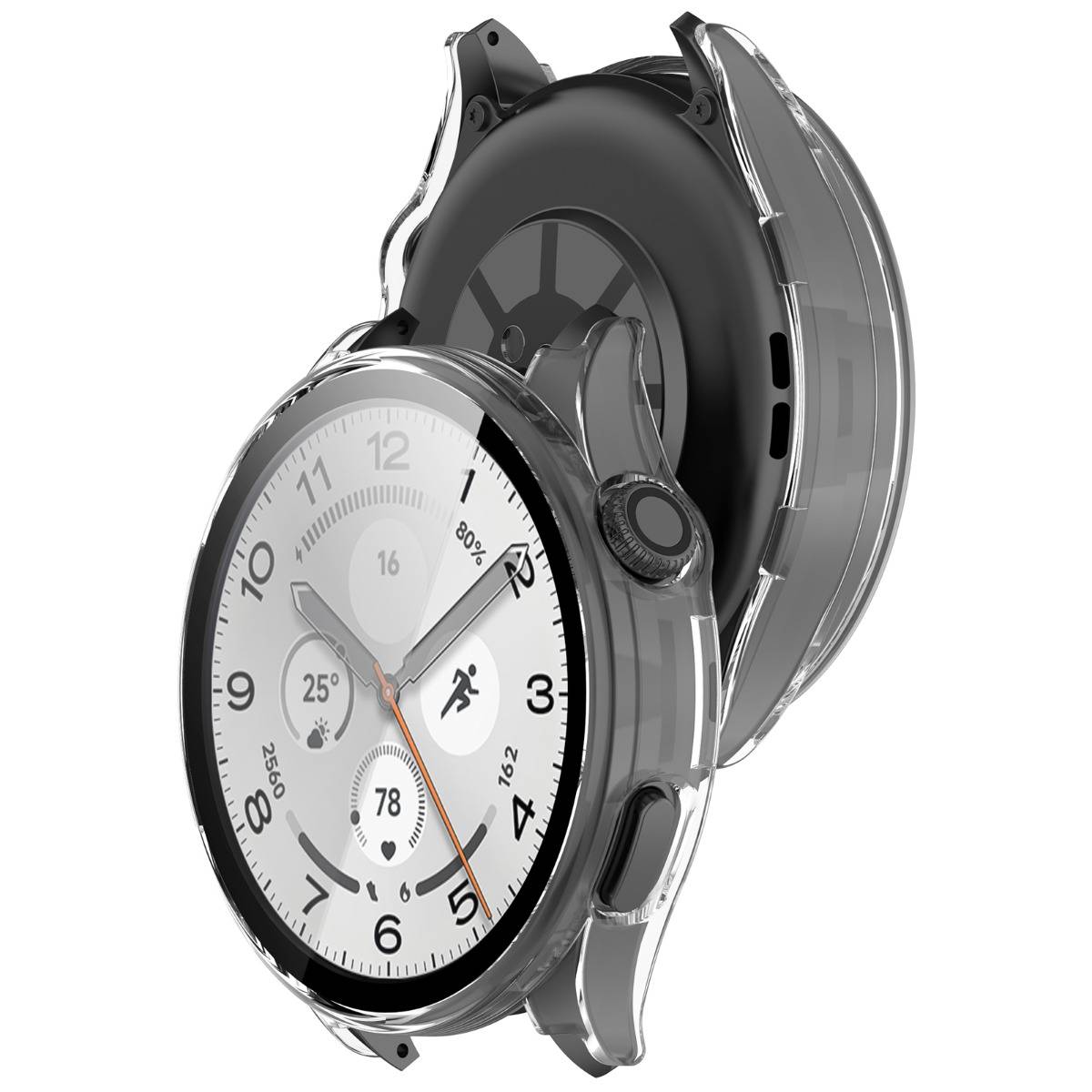 Smartwatch mit rundem analogem Display, das Gesundheitsmetriken anzeigt, einschließlich Herzfrequenz 78 und 25° Wetter, auf einem silber-schwarzen Armband.
