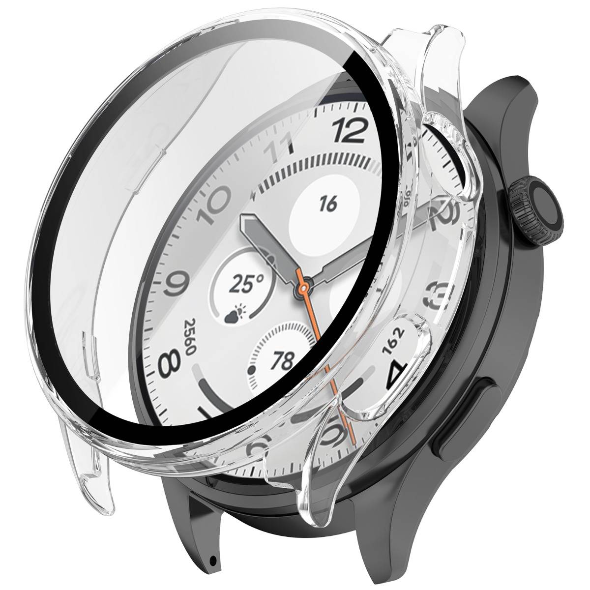 Eine klare Schutzabdeckung über einer Smartwatch, die das Uhrengesicht und die Seitentaste zeigt.