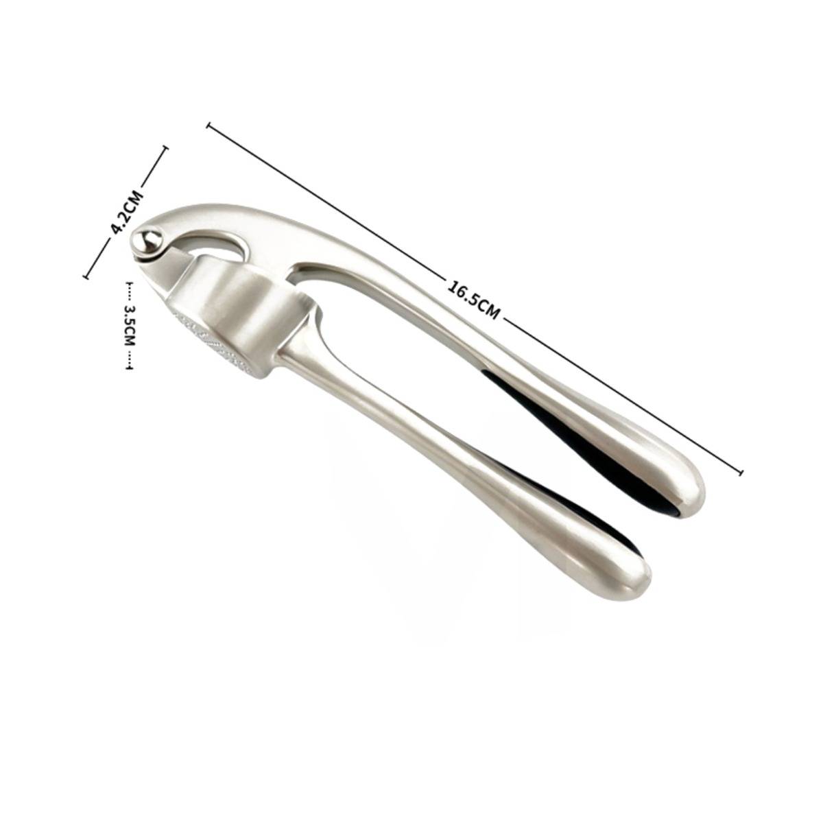 Metallische Knoblauchpresse auf weißem Hintergrund mit beschrifteten Abmessungen: 16,5 cm lang, 4,2 cm breit und 3,5 cm hoch.
