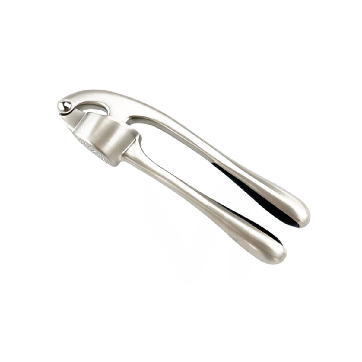 Eine Knoblauchpresse aus Metall auf weißem Hintergrund dargestellt.
