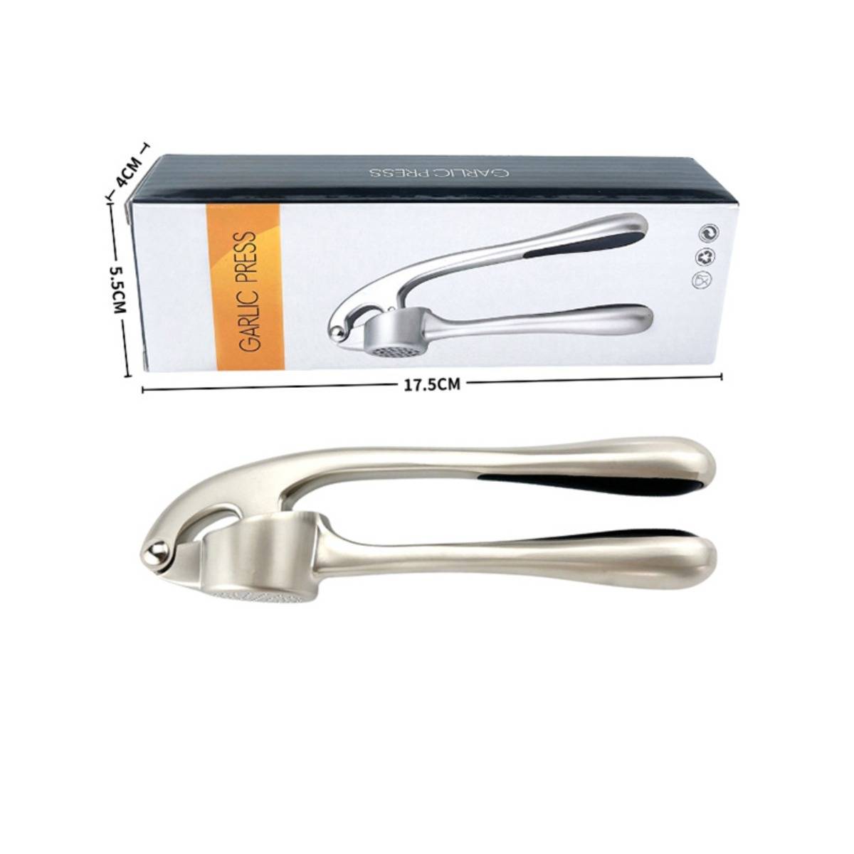 Knoblauchpresse mit Verpackung und Abmessungen gezeigt: 17,5 cm lang, 5,5 cm breit, 4 cm hoch.