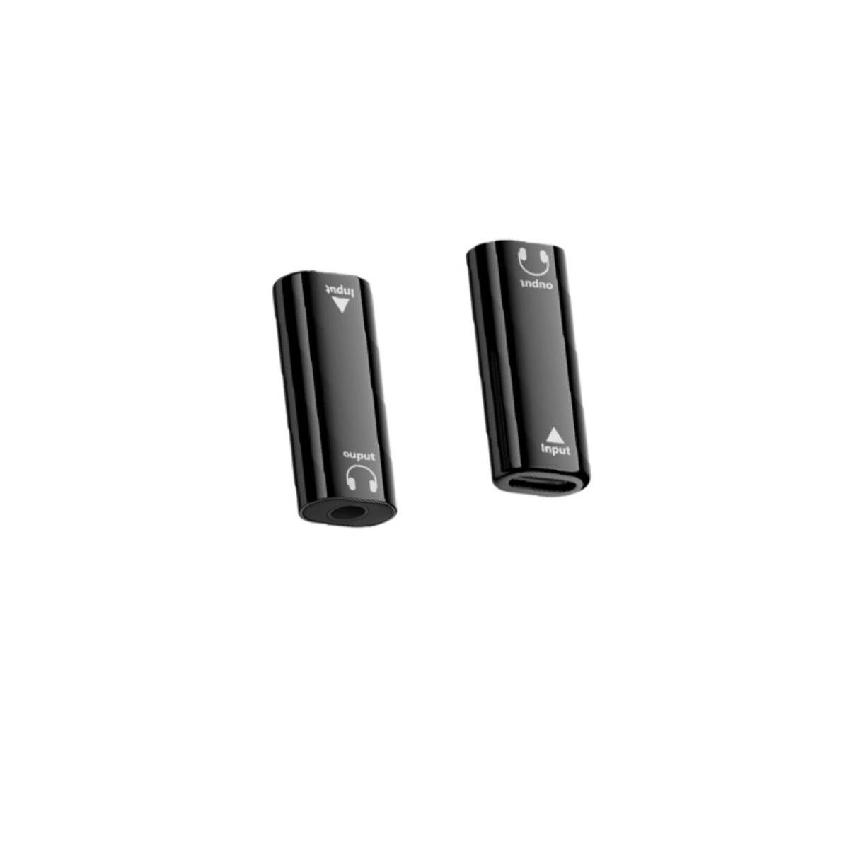 Zwei schwarze Audio-Adapter-Stecker auf weißem Hintergrund, beschriftet mit Eingang und Ausgang mit Kopfhörer- und Pfeilsymbolen.