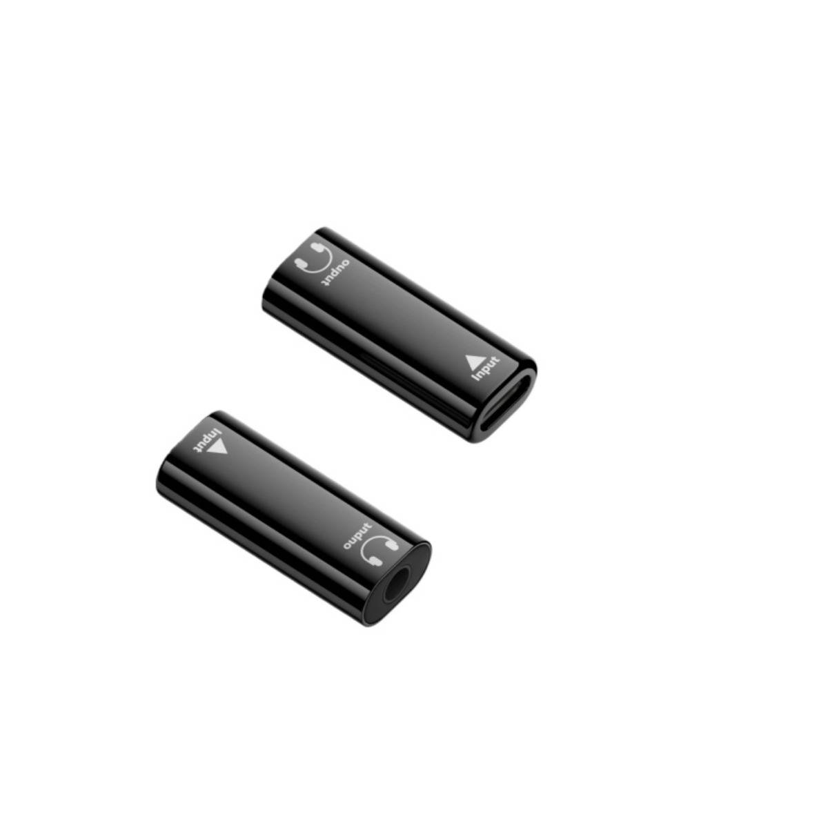 Zwei schwarze USB-Adapter-Dongles auf weißem Hintergrund, gekennzeichnet für Ein- und Ausgangsanschlüsse.