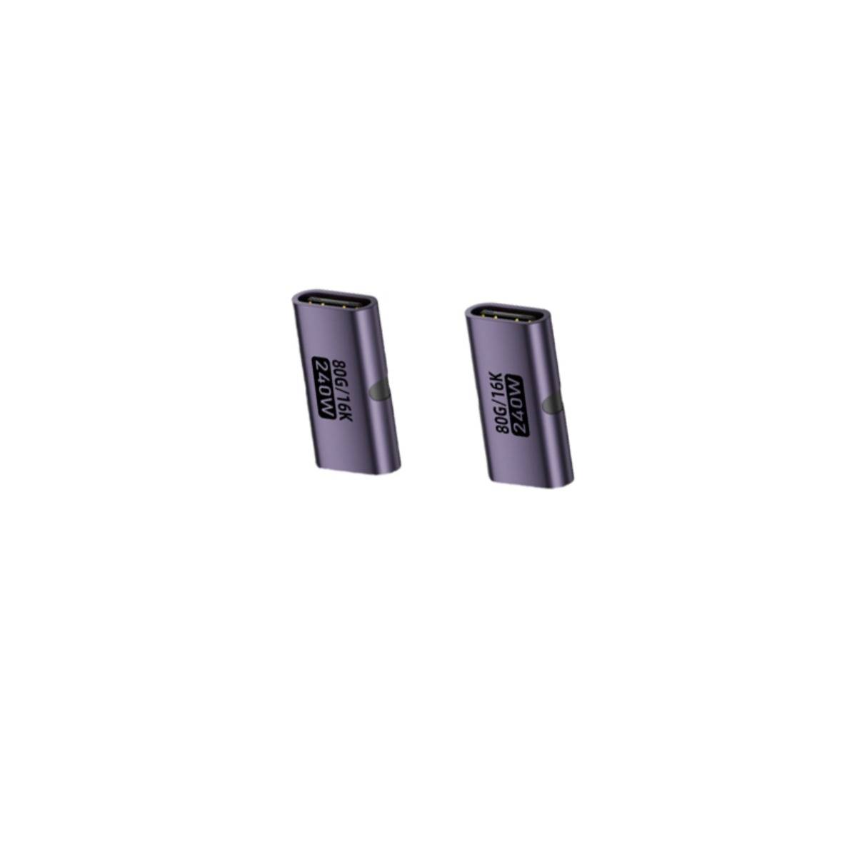 Zwei violette USB-C-Adapter nebeneinander gezeigt, beschriftet mit 1080p/60 und 240W.