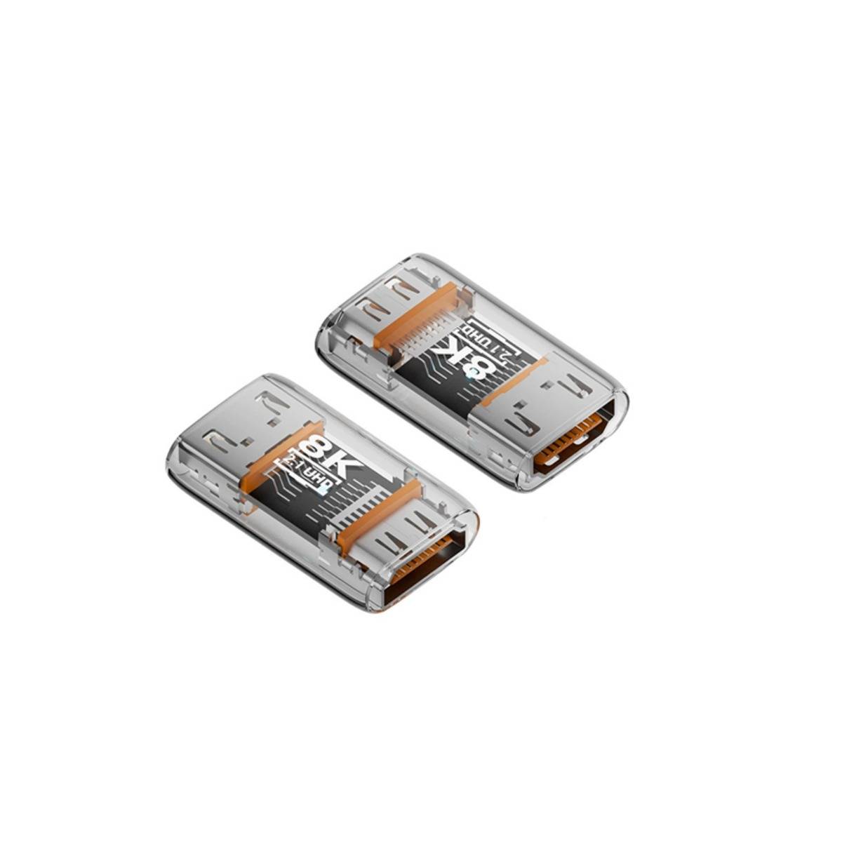 Zwei transparente USB-Speichersticks mit orangefarbenen internen Steckern, gezeigt auf einem schlichten weißen Hintergrund.