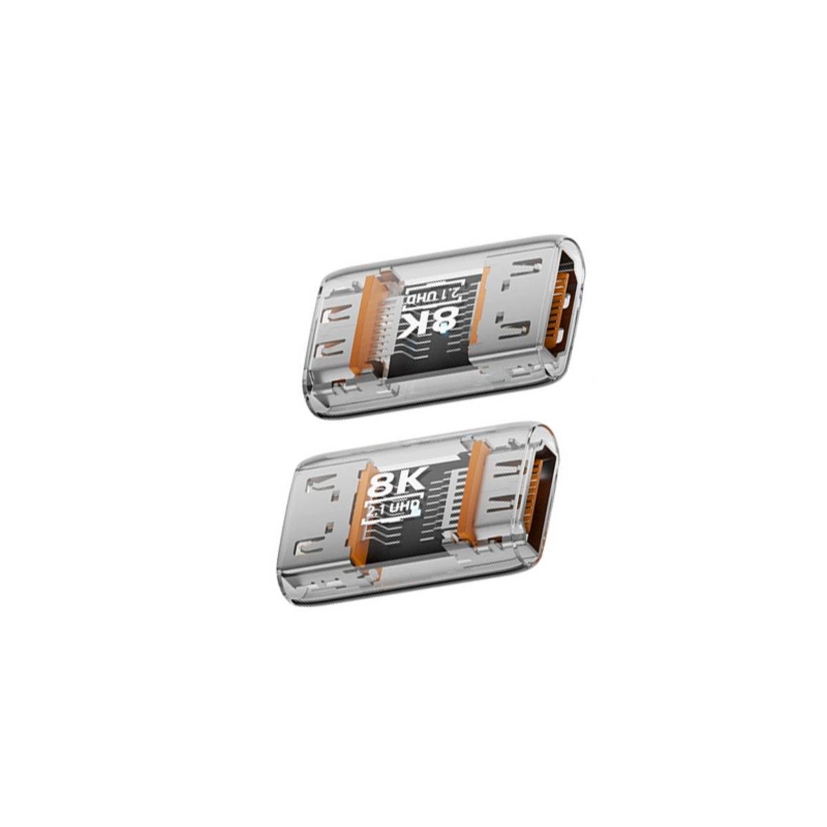 Zwei transparente Kabelstecker auf weißem Hintergrund, gekennzeichnet für 8K und 2.1 HDMI.