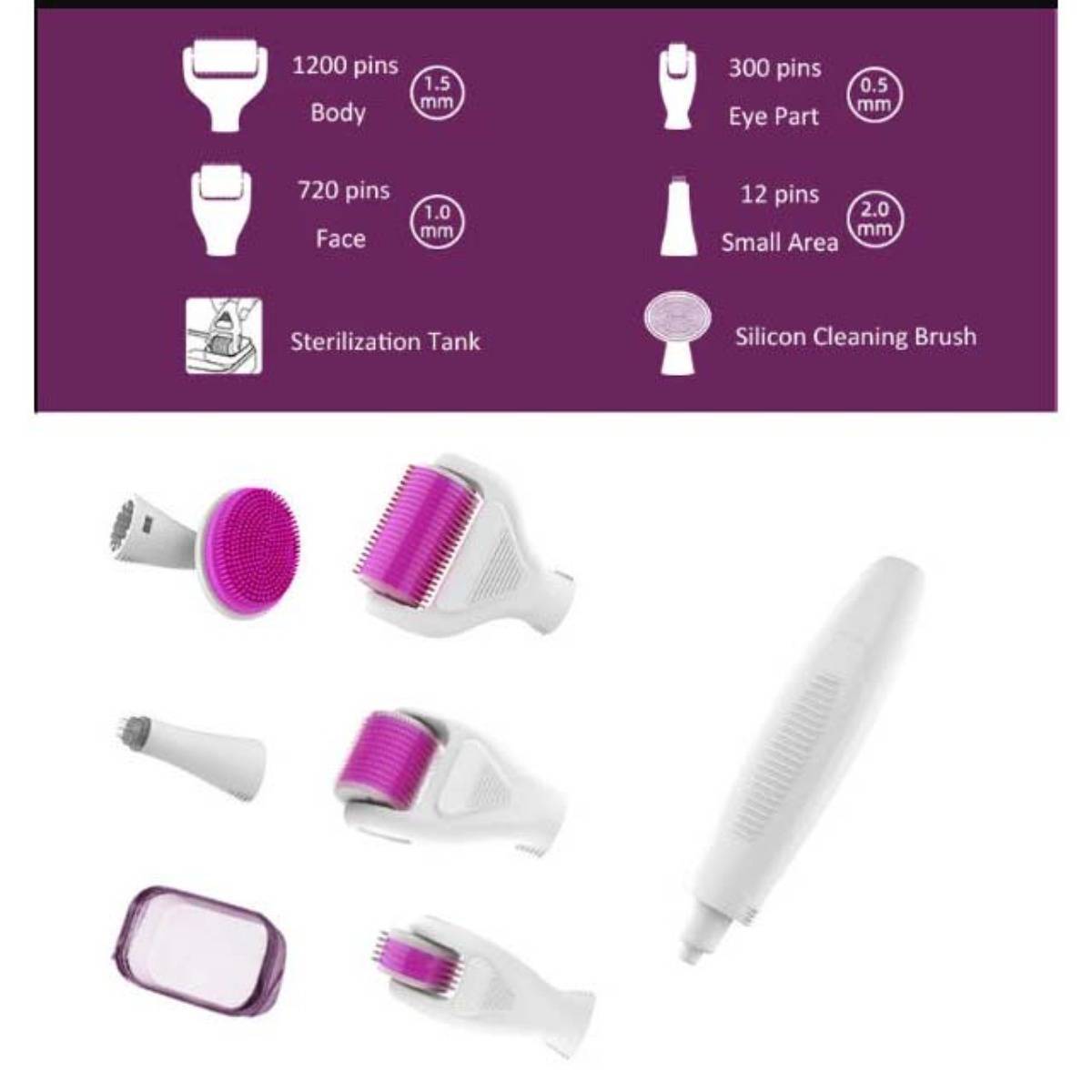 Produktdiagramm zeigt ein Micro-Nadel-Hautroller-Set mit Kopfoptionen: 1200-Nadeln-Körper, 720-Nadeln-Gesicht, 300-Nadeln-Augenpartie, 12-Nadeln-Kleinbereich, sowie Sterilisierungstank und Silikon-Reinigungsbürste.