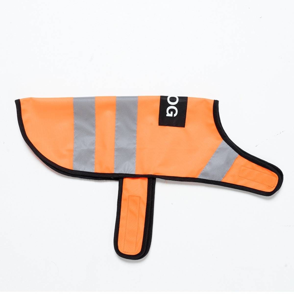 Orange Reflektierendes Hundesicherheitsweste mit schwarzem Besatz und Bauchgurt, gezeigt auf weißem Hintergrund.