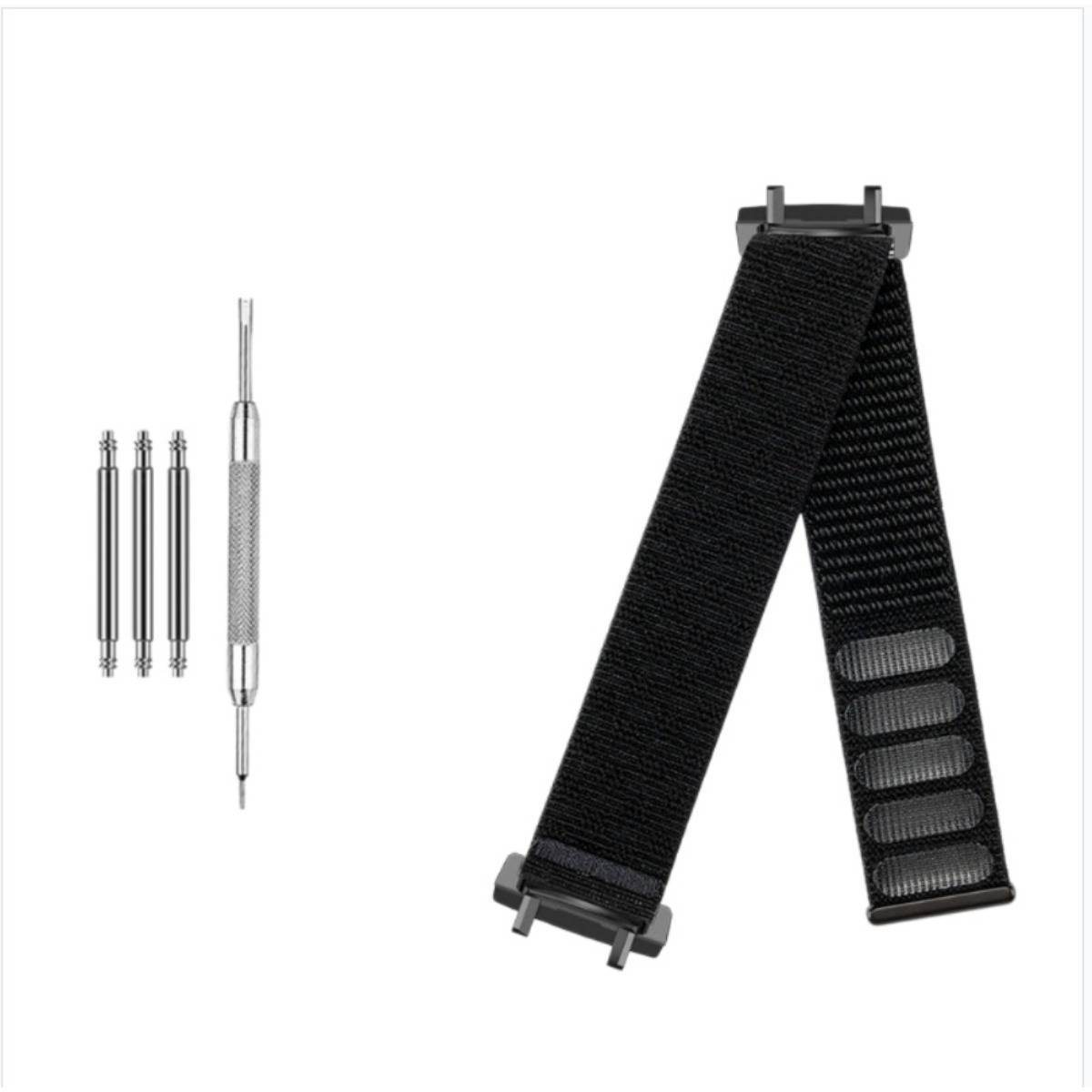 Schwarzes Ersatz-Uhrenarmband mit Metallfedern und einem kleinen Uhrenreparaturwerkzeug auf weißem Hintergrund.