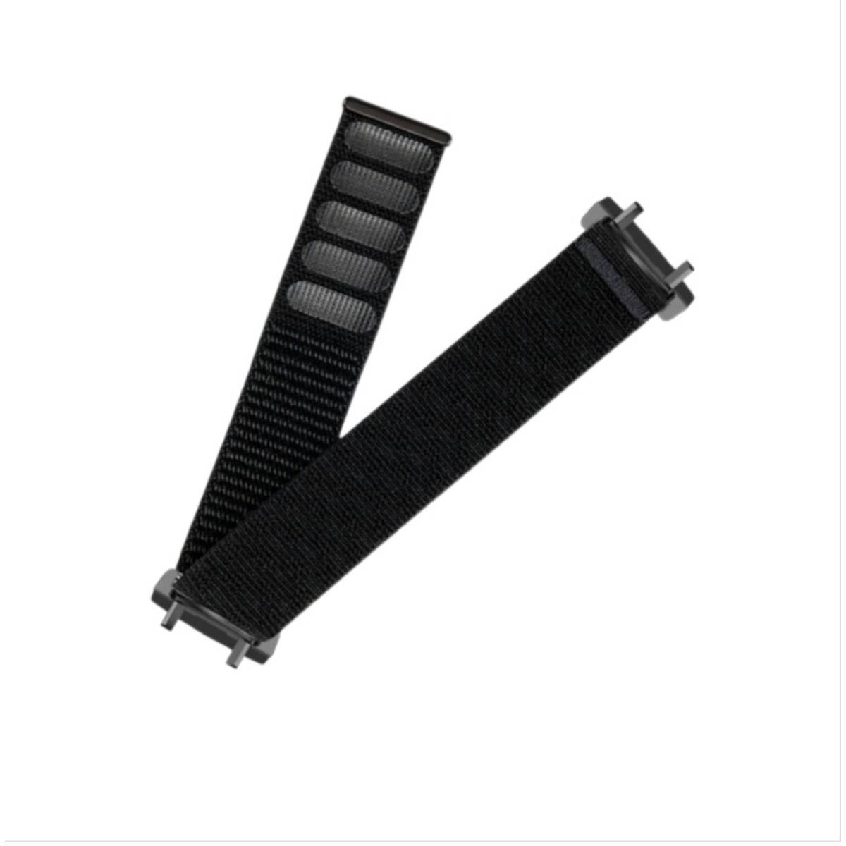 Schwarzes verstellbares Nylon-Uhrenarmband mit Metallschlaufen, auf weißem Hintergrund abgebildet.