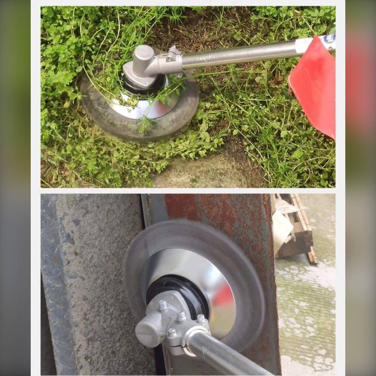 Zwei Nahaufnahmen eines Fadentrimmer-Kopfes beim Schneiden von Gras und beim Kantenschnitt entlang einer Wand, die das rotierende Messer in Bodennähe zeigen.