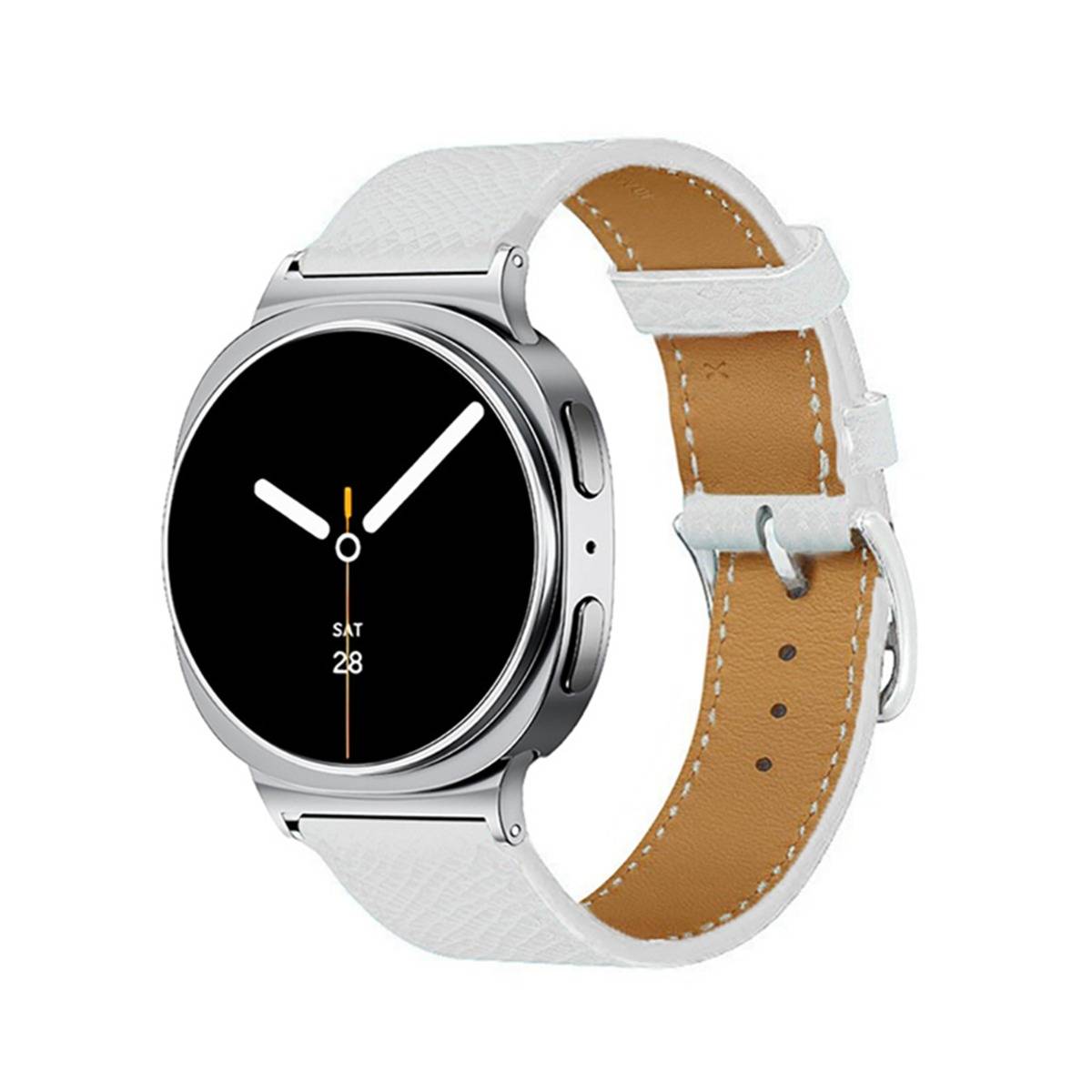 Silberne runde Smartwatch mit schwarzem analogem Zifferblatt und weißem Lederarmband vor weißem Hintergrund.