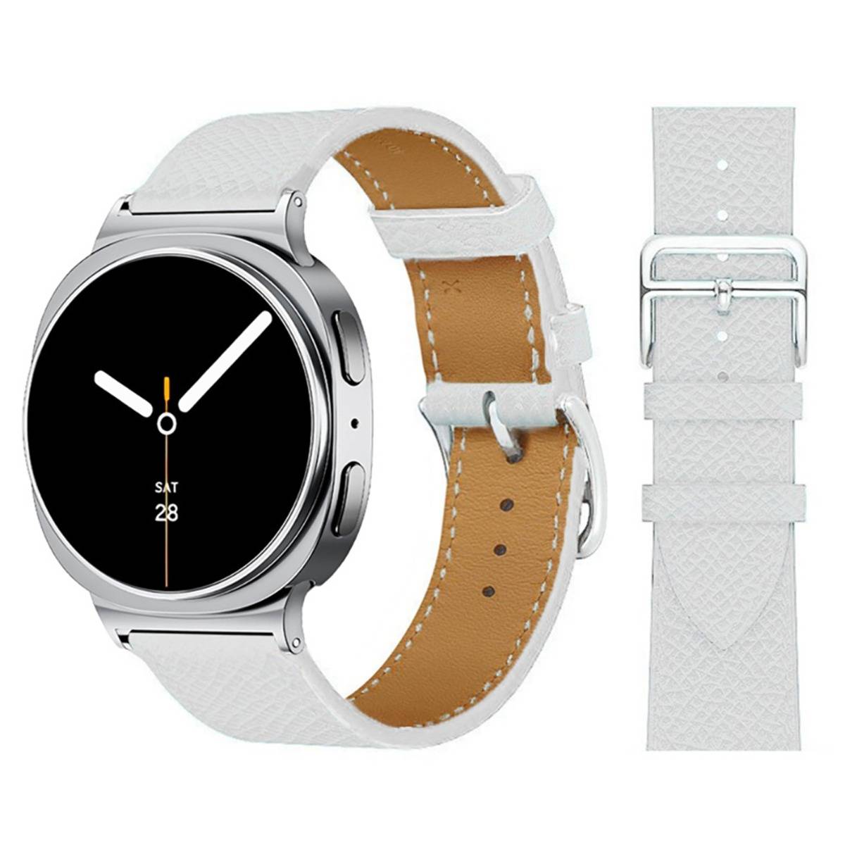 Silberne Smartwatch mit schwarzem Zifferblatt im Analogstil und weißem Lederarmband, gezeigt mit geöffnetem Armband neben einer separaten Nahaufnahme des weißen Riemens und der Schnalle.