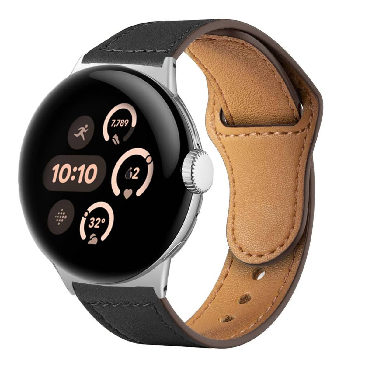 Runde Smartwatch mit schwarzem Zifferblatt und hellbraunem Lederarmband, das Fitness- und Zeit-Widgets anzeigt, einschließlich '10:10'.