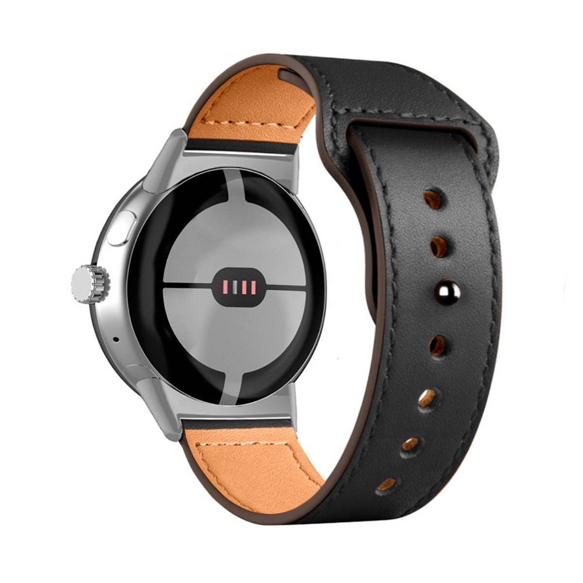 Rückansicht einer runden Smartwatch mit schwarzem Lederarmband und beigefarbener Innenfütterung, die die Ladekontakte auf der Gehäuserückseite zeigt.