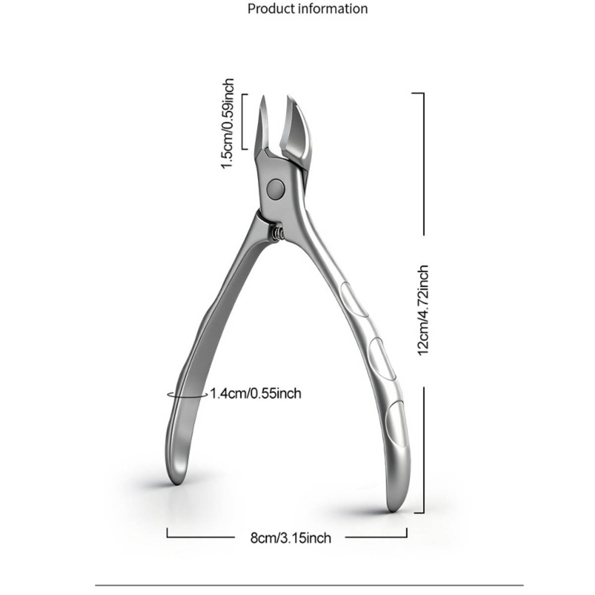 Produktinformationsdiagramm eines silbernen Nagelknipsers mit Größenangaben: 1,5 cm Klinge, 12 cm Höhe, 8 cm Breite und 1,4 cm Griffbreite.