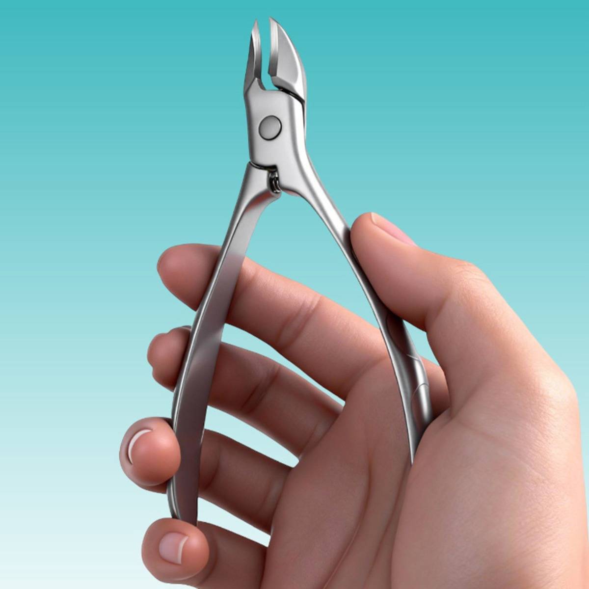 Eine Hand, die einen silbernen Metall-Nagelknipser vor einem hellblauen Hintergrund hält.