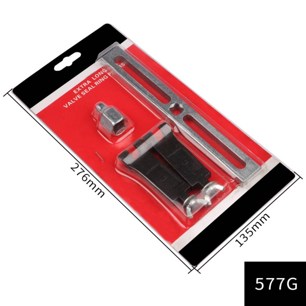 Blister-Pack-Werkzeugsatz mit Metallventil-Dichtungsring, schwarzer Kunststoffklemme und Schraubenschlüssel; Packungsgröße 276 mm x 135 mm, Gewicht 577 g.
