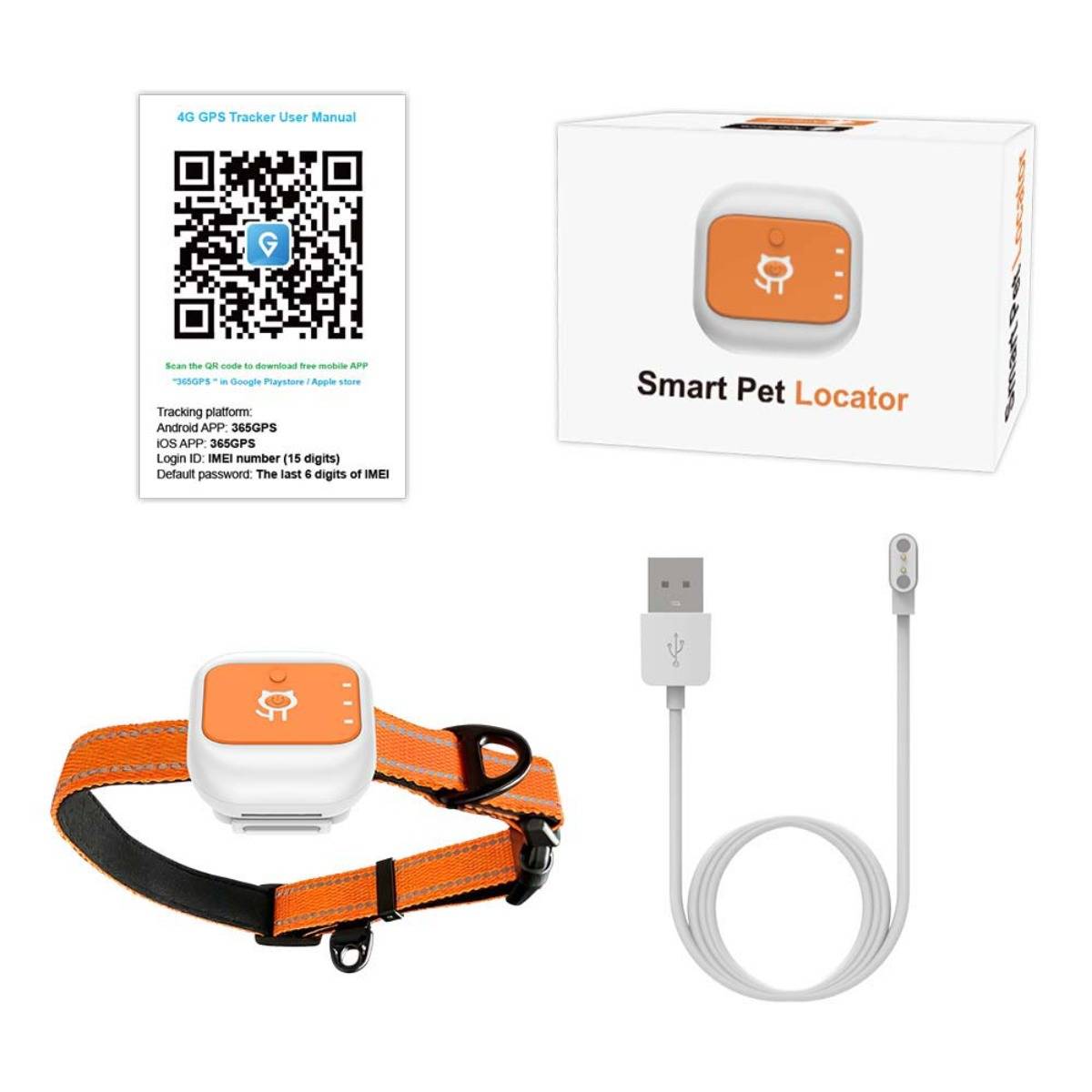 Smart Pet Locator GPS-Tracker-Set mit QR-Anleitung, Verpackung, orangenem Halsband-Montage-Gerät und USB-Ladekabel.