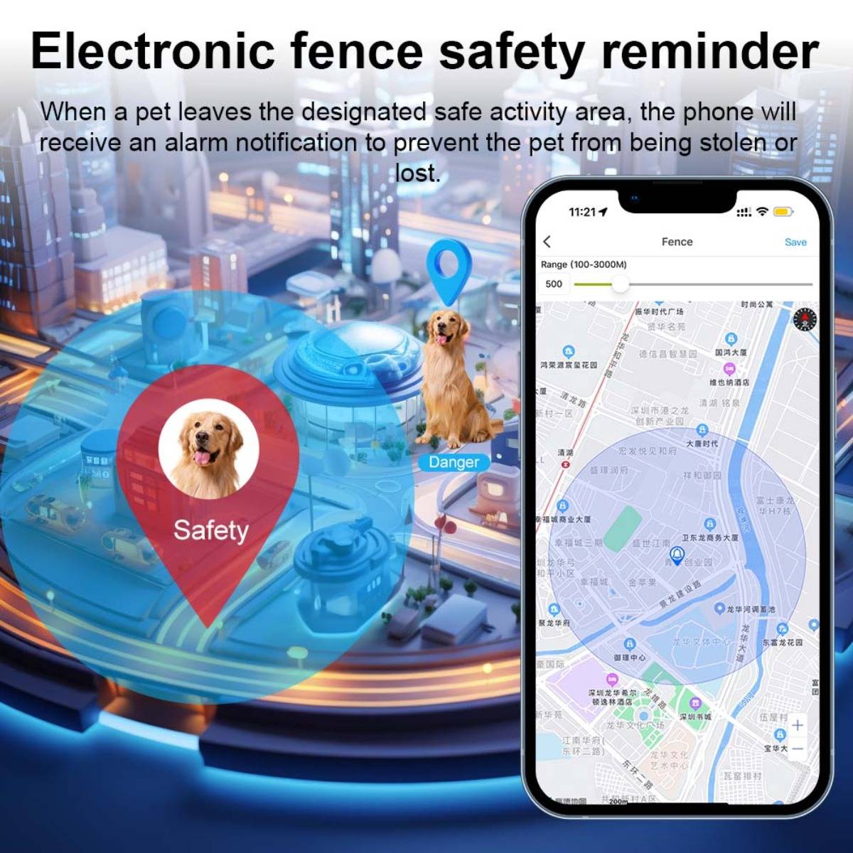 Werbegrafik für eine elektronische Haustierschranken-App, die einen Hund in einer "Sicherheits""-Zone und einen anderen außerhalb in einer ""Gefahren""-Zone zeigt, mit einer Telefon-Karte und einer Benachrichtigungserinnerung.
